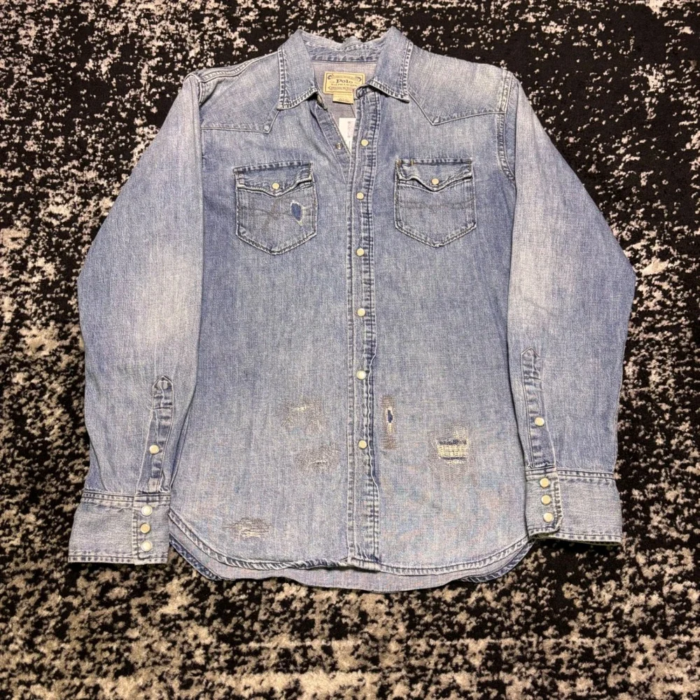 Polo Ralph Lauren Mens Distressed Denim Western Shirt Light Wash Pearl Snap M